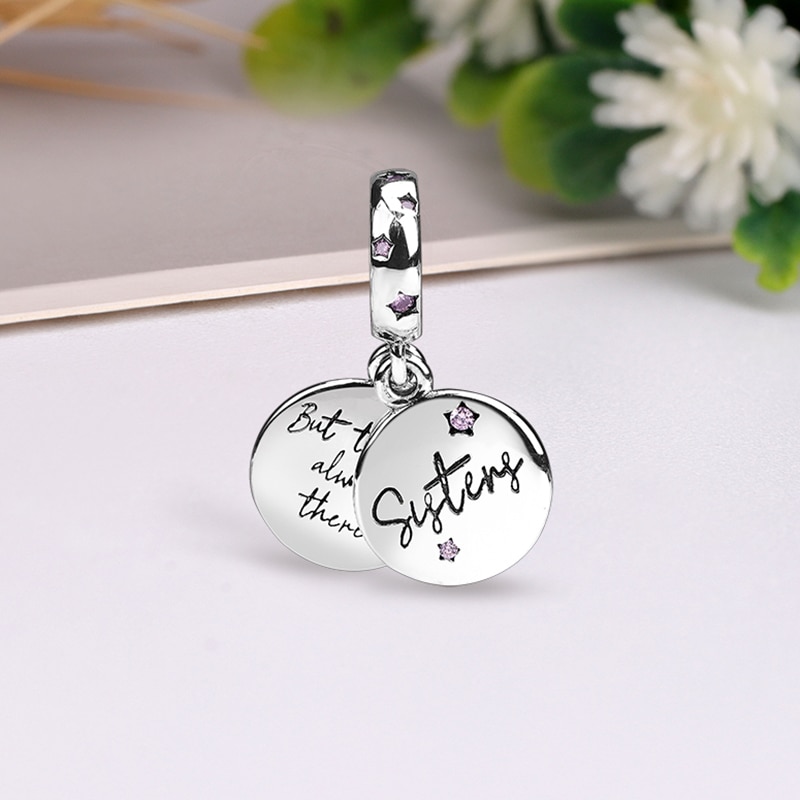 925 Sterling Silver Bead Charm Lovely Forever Sisters Pink Star Pendant Beads Fit Bracelets Necklaces Women jewelry