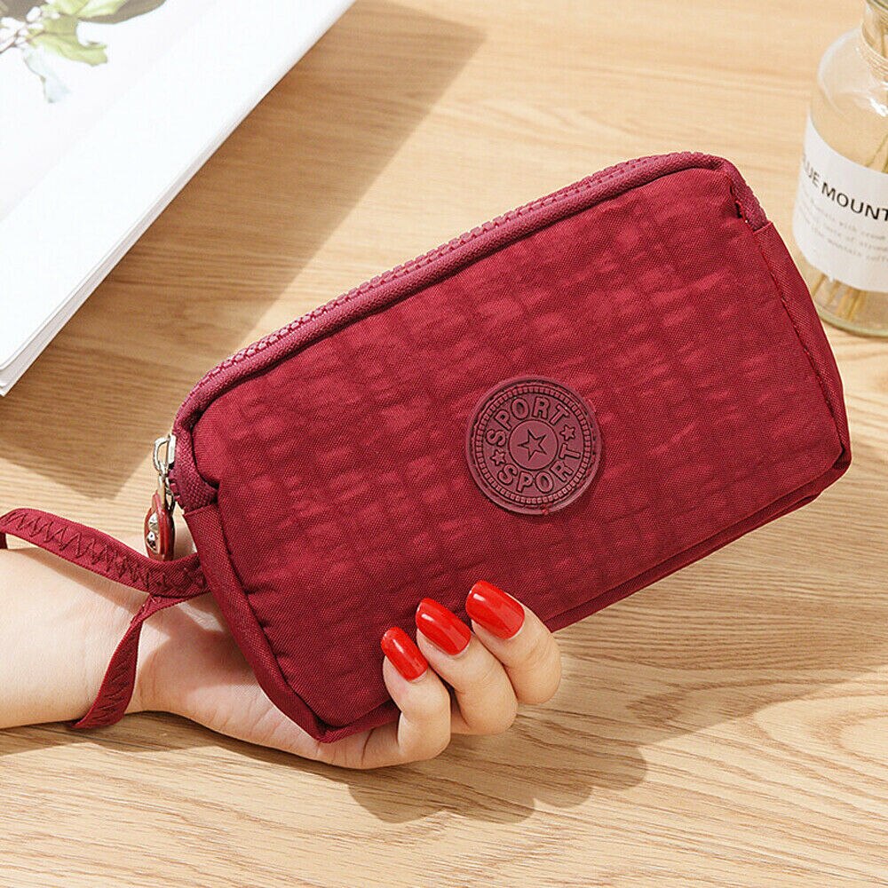 Women Solid 3 Layer Canvas Coin Purse Card Zipper Wallet Holder Phone Bag: Burgundy