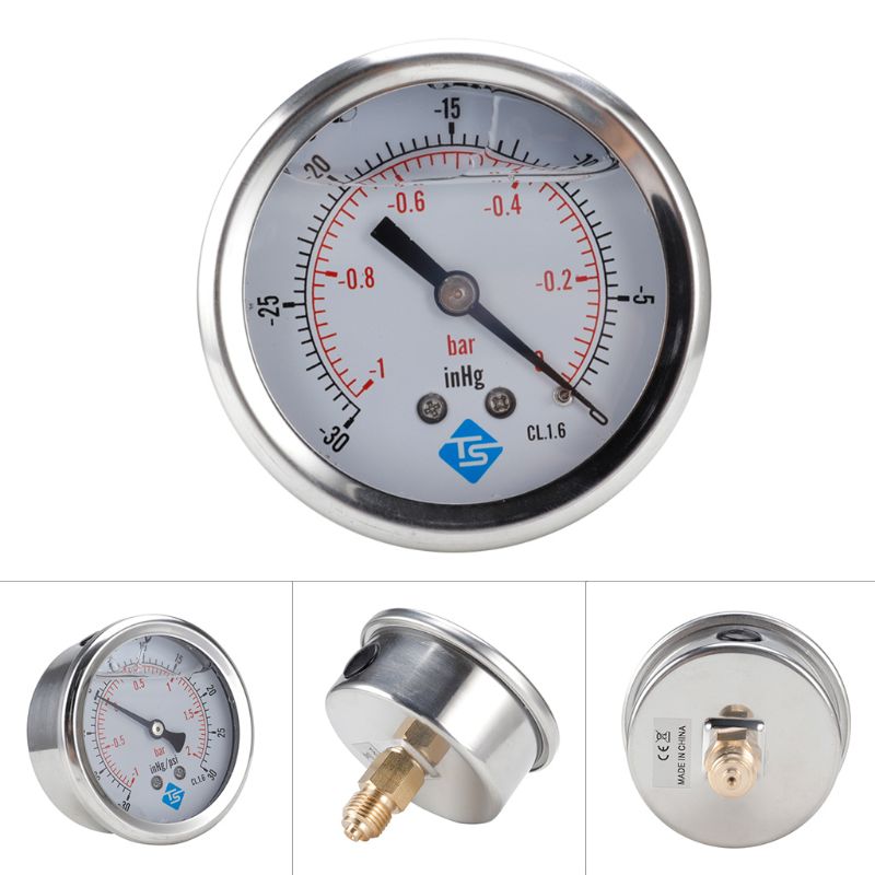 Manómetro de vacío de presión compuesto 1/4 BSP, lleno de glicerina de 68mm -1 ~ 0/1/2 Bar -30 * Hg + 0/15/30 PSI