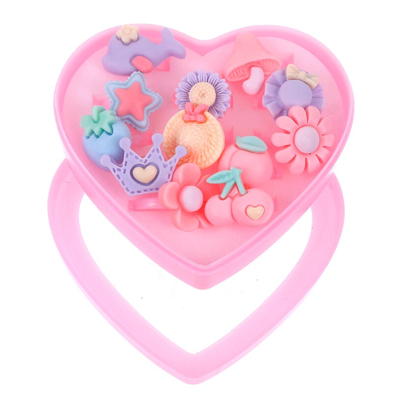 12pcs Mix Cartoon Flower Assorted Resin Plastic Pink Baby Kids Girl Children's Rings With Heart Box Jewelry