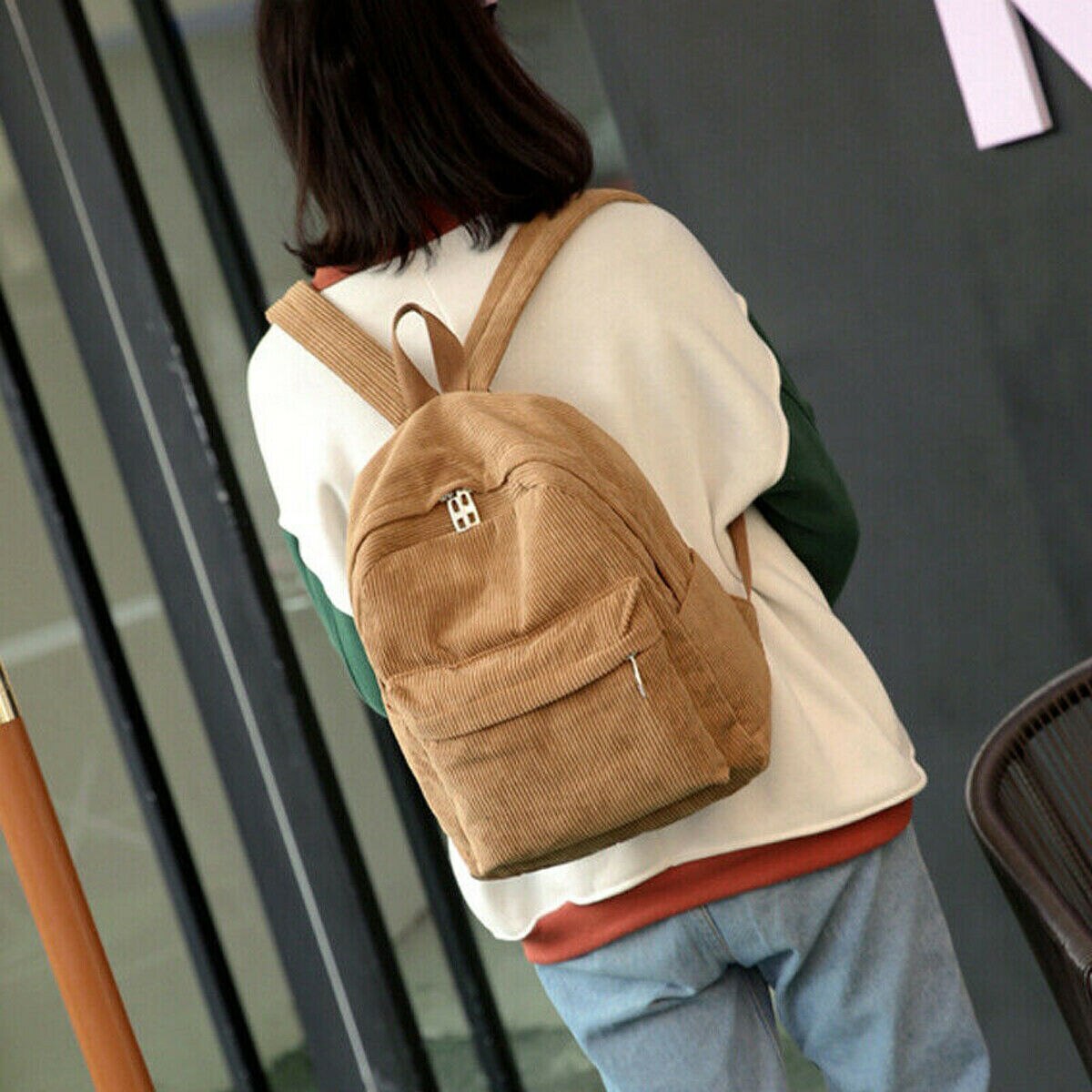 Style Soft Fabric Backpack Female Corduroy School Backpack For Teenage Girls Striped Backpack Women: Khaki