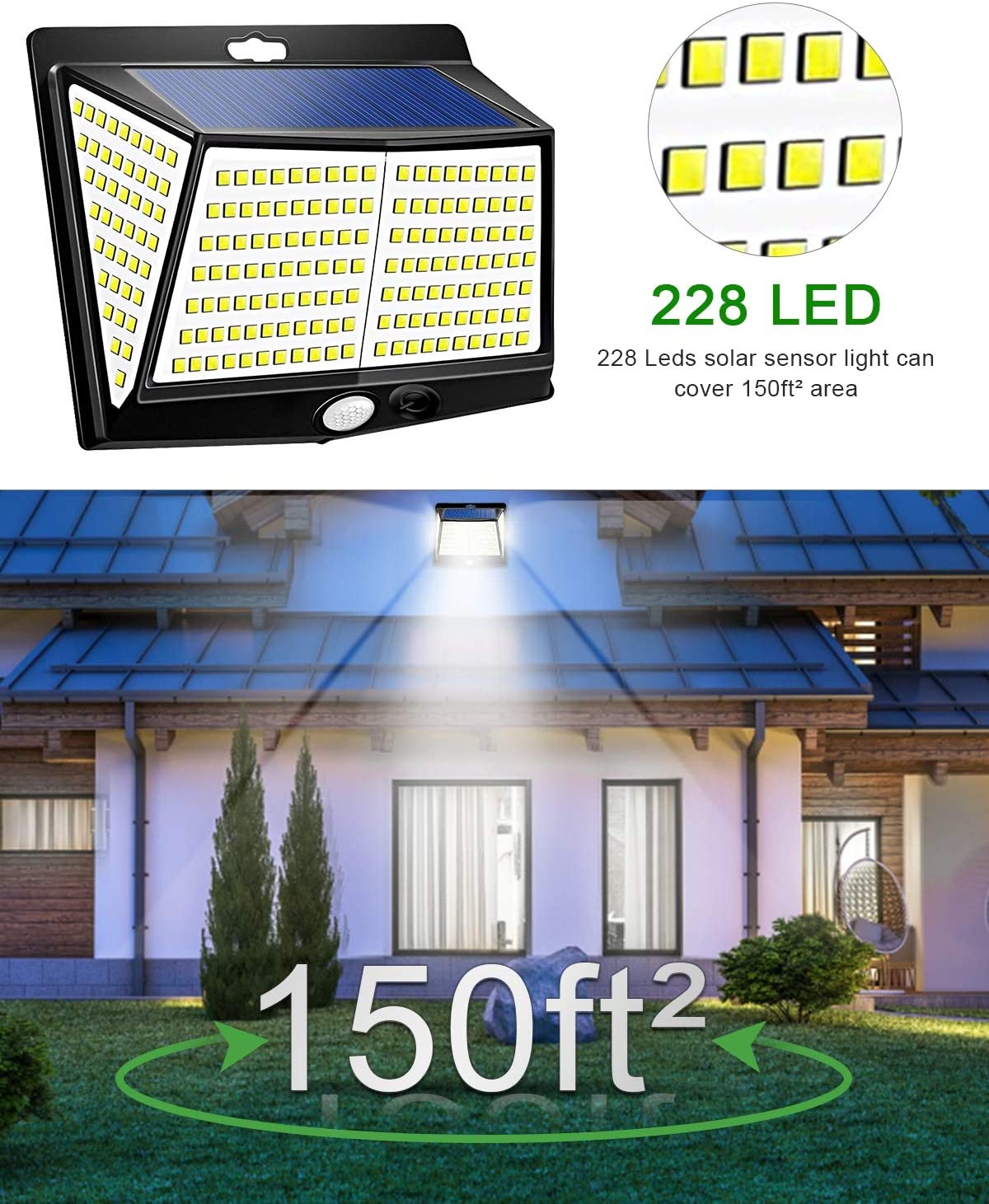 Claoner Solar Security Lights Outdoor 228led Motion Sensor Wall Lamps For Front Door, Backyard, Garage