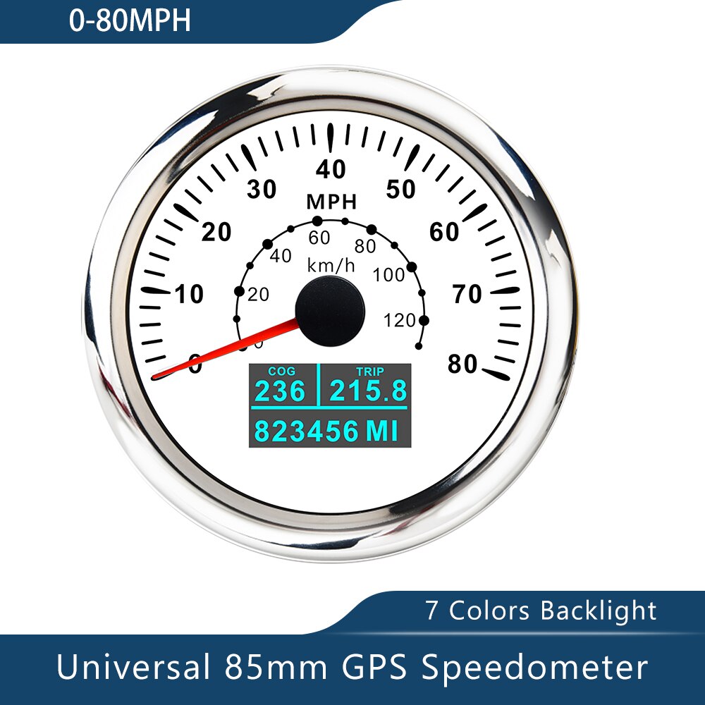 Novo velocímetro de 85mm gps 0-30/60 nós 0-60/80/120/160/200 mph 0-60/120/200km/h com luz de fundo de 7 cores para a motocicleta do barco do carro: 80MWS