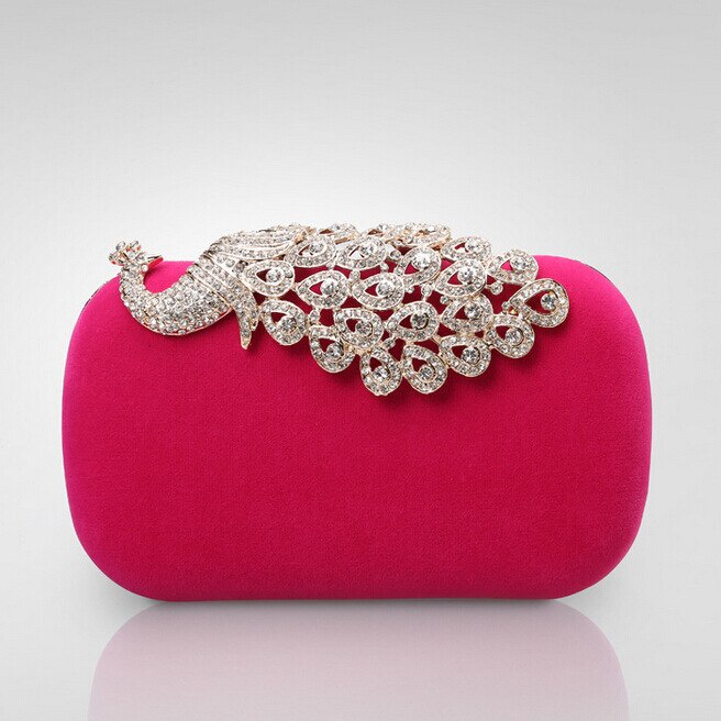 Bryllupsaften taske påfugl tegnebog tasker kvinders krystal rhinestone aften taske håndtaske zb -3: Hot pink
