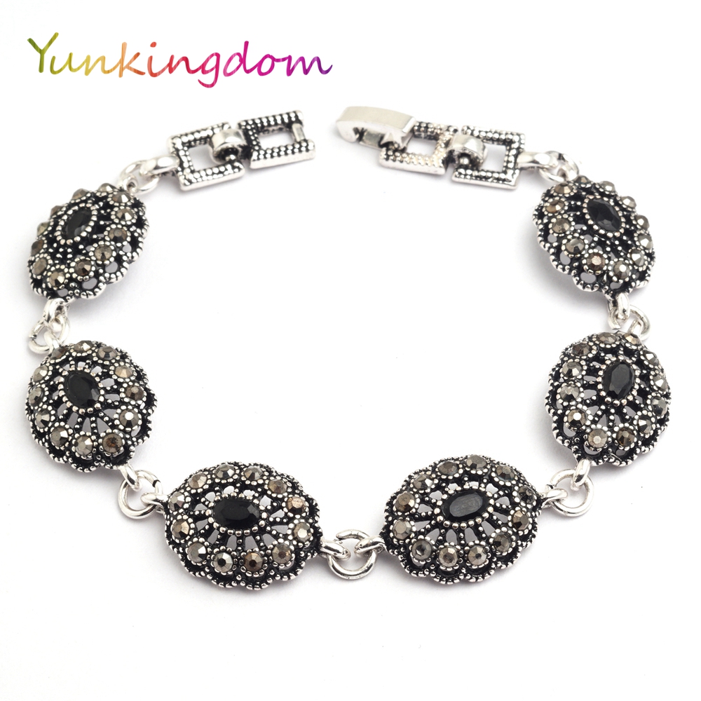 Yunkingdom Ethnische Stil Jahrgang-Schmuck Silber Farbe Armbänder für Frauen Schwarz Harz K1794