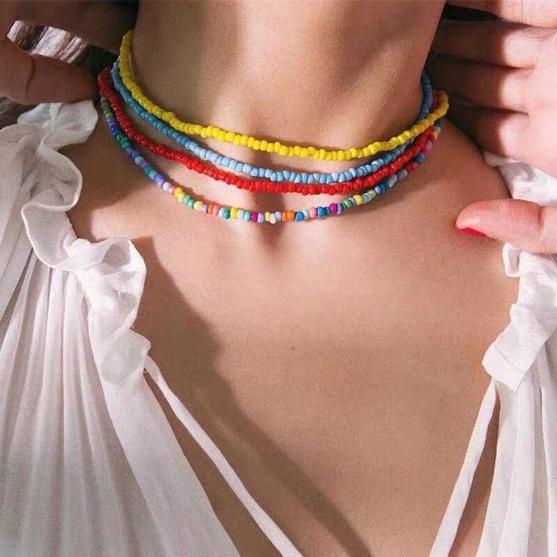 Boho Daisy Flowers Beaded Choker Necklace Colorful Statement Clavicle Choker Necklace for Women Korean Summer Beach Jewelry