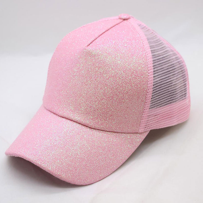 Damehat glitter høj hestehale hul kasket 5 #39 mesh trucker baseball cap guld sølv hvid sort pink brun blå