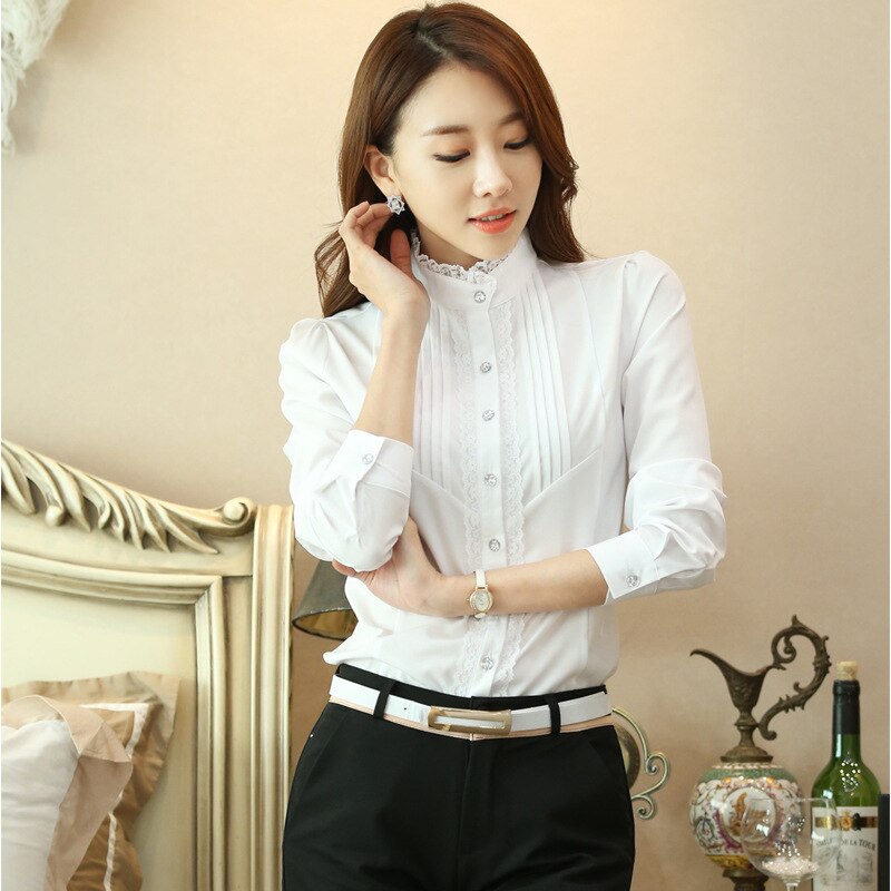 White Blouses And Tops Women Lace Patchwork Shirt Long Sleeve Office Lady Work Formal Shirts Female Casual Clothing