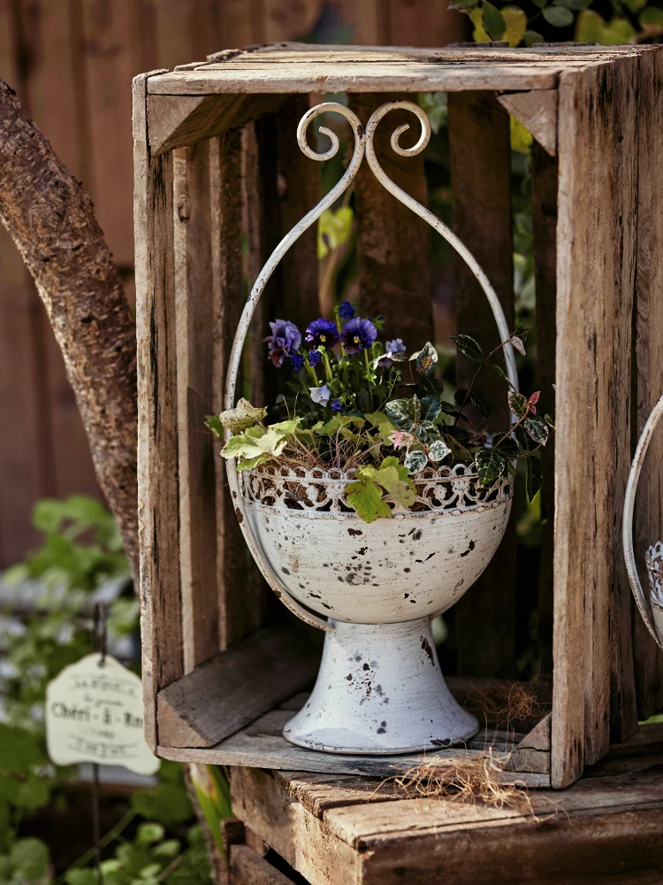 Metal jernarbejde retro vintage urtepotte have balkon gårdsplads plante vase boligindretning hvid urtepotte dekorere ornamenter
