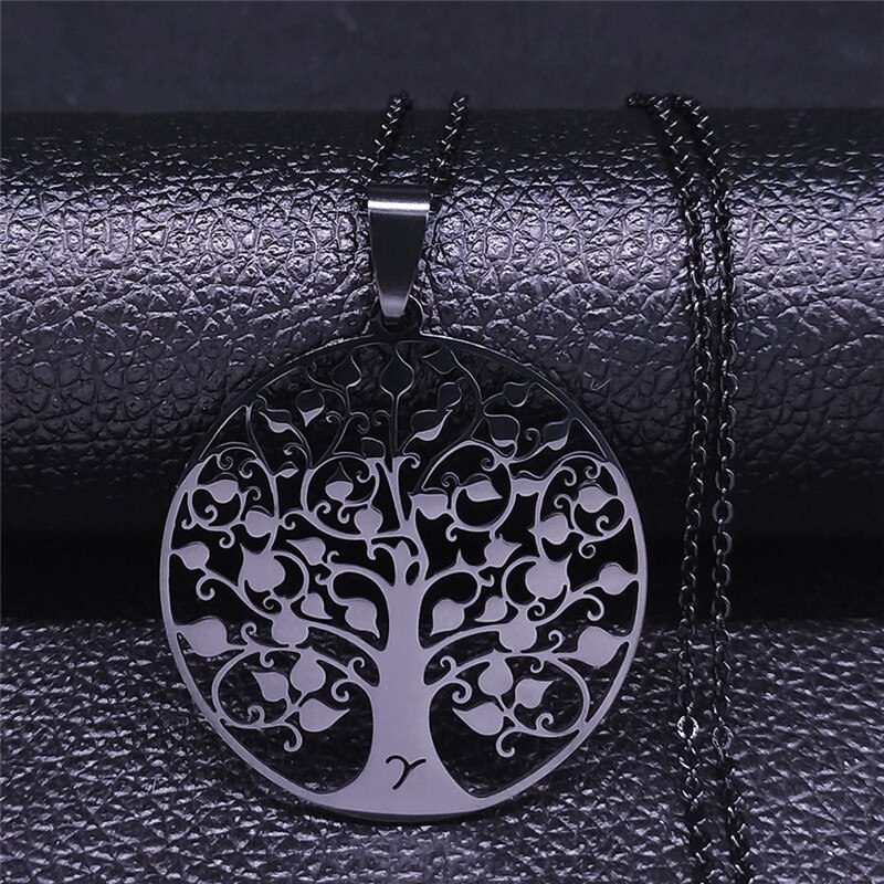 Di modo Albero della Vita Collana In Acciaio Inox per Le Donne di Colore Argento Collane Gioielli acero inoxidable joyeria mujer N11S01: A 50 cm O BK