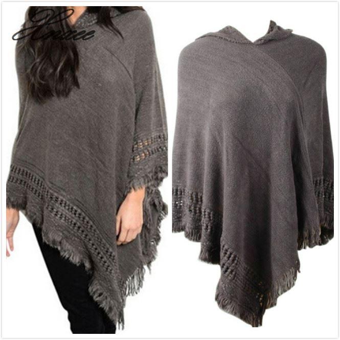Xnxee Casual Frauen Pullover Mit Kapuze Poncho Und Kap Gestrickten Pullover Quaste Pullover Solide Pullover Frauen Mantel: Grau