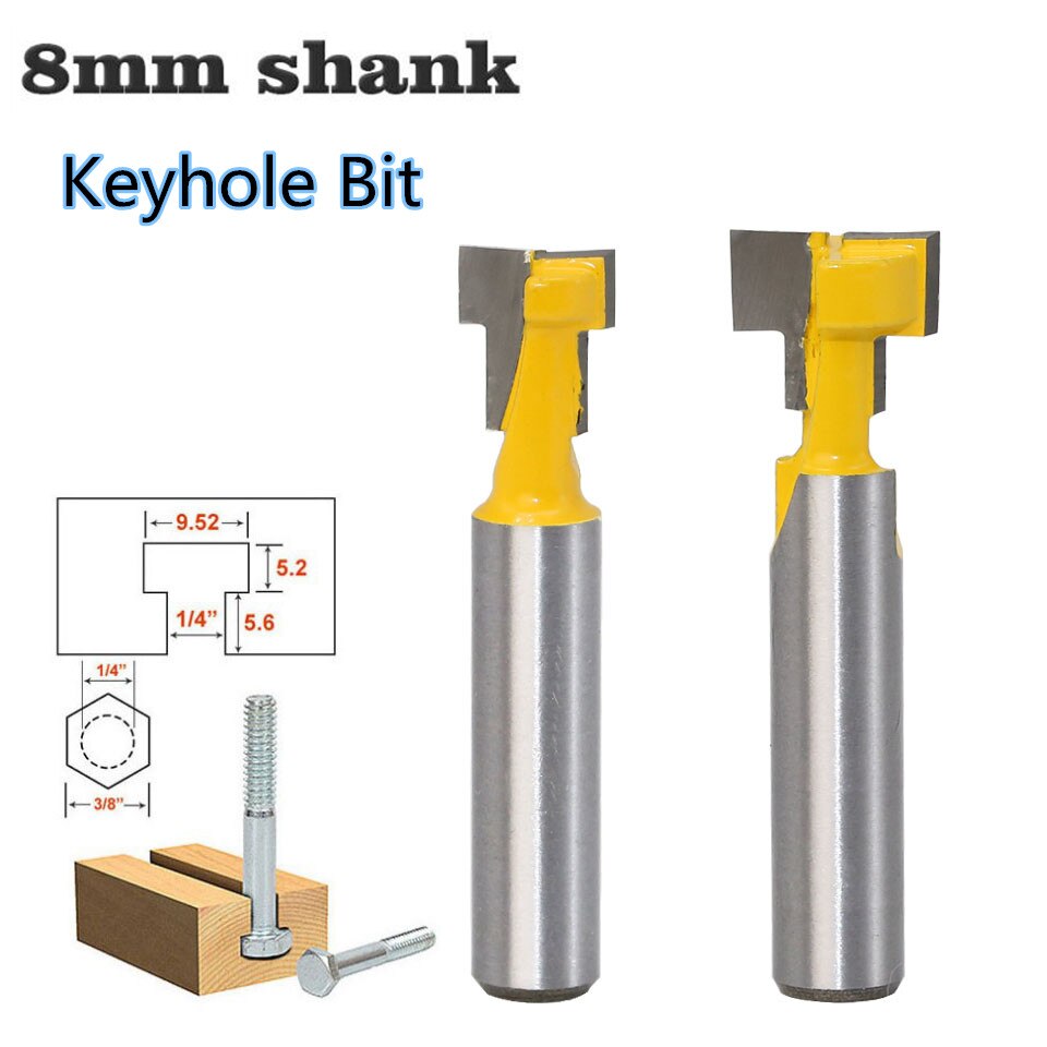 1pc 8mm skaft t-spor slotting & t-slot nøglehulsfræser træfræser stål stålhåndtag 3/8 '' & 1/2 '' længdefræser til træ
