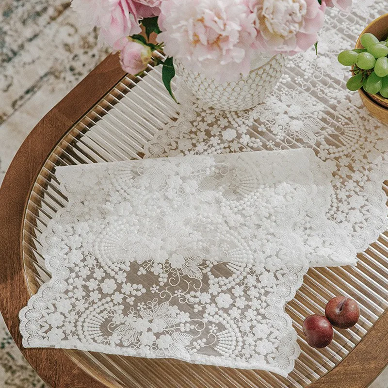Geborduurde bloemenkant tafelloper, Boho kanten tafelkleed, vintage witte eettafeldecoraties tafelkleed voor huwelijksfeest