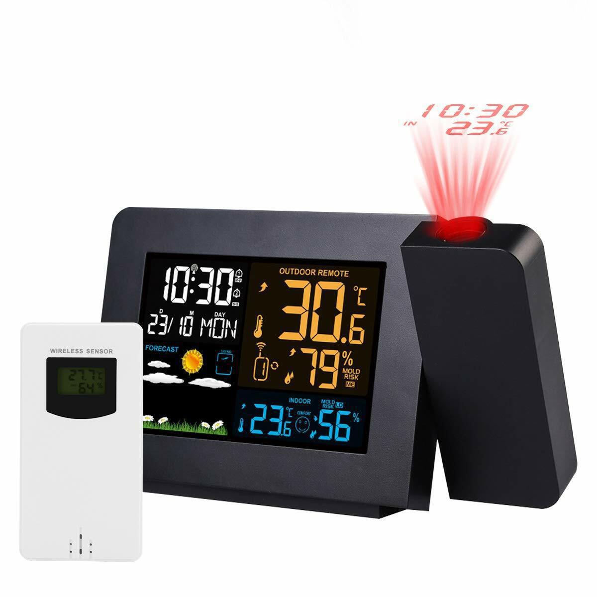 Elektronische Projektionsuhr, Wetterstation, Wettervorhersage, Temperatur und Luftfeuchtigkeit, Farbbildschirm, digitaler Wecker