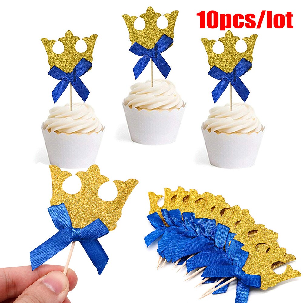 10 Stks/partij Glitter Prince Crown Cupcake Topper Pick Cartoon Baby Kids Jongen Meisje Verjaardagsfeestje Decoraties