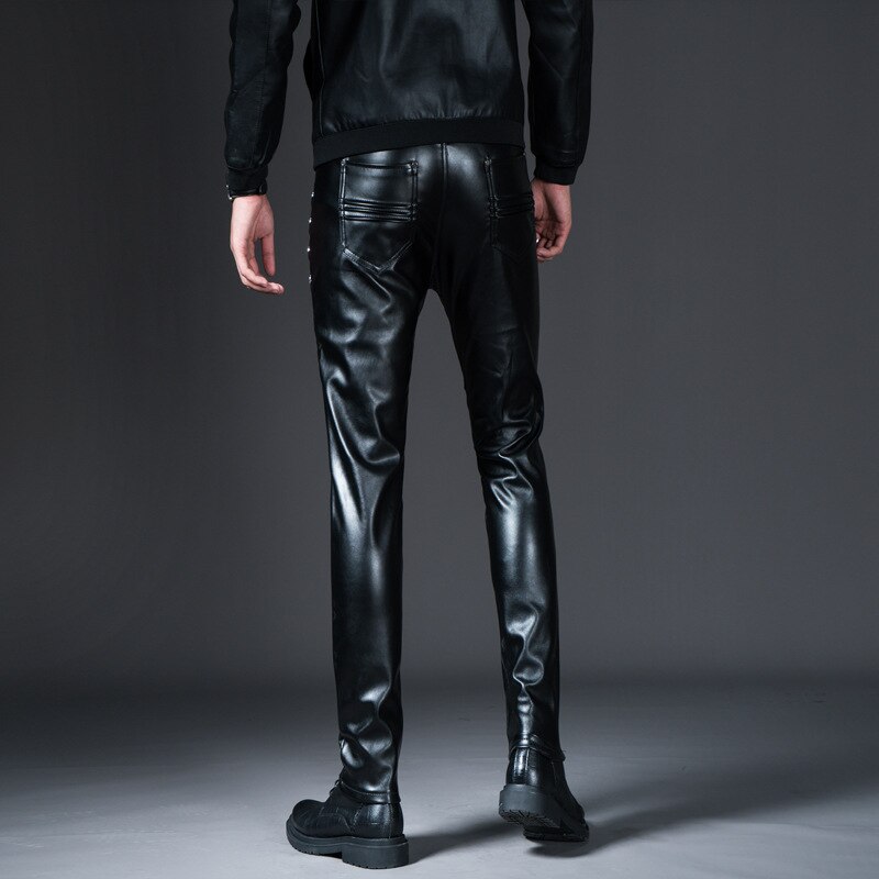 Pantalones de cuero de los hombres Slim Fit estilo coreano Otoño Invierno PU pantalones de cuero pantalones de la motocicleta a prueba de viento y ropa de calle cálida