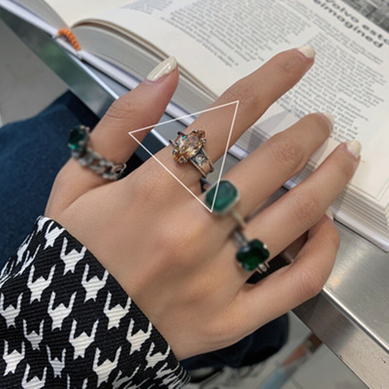 AOMU Retro Distressed Metal Green Zircon Geometric Round Square Luxury Opening Ring for Women Jewelry: B