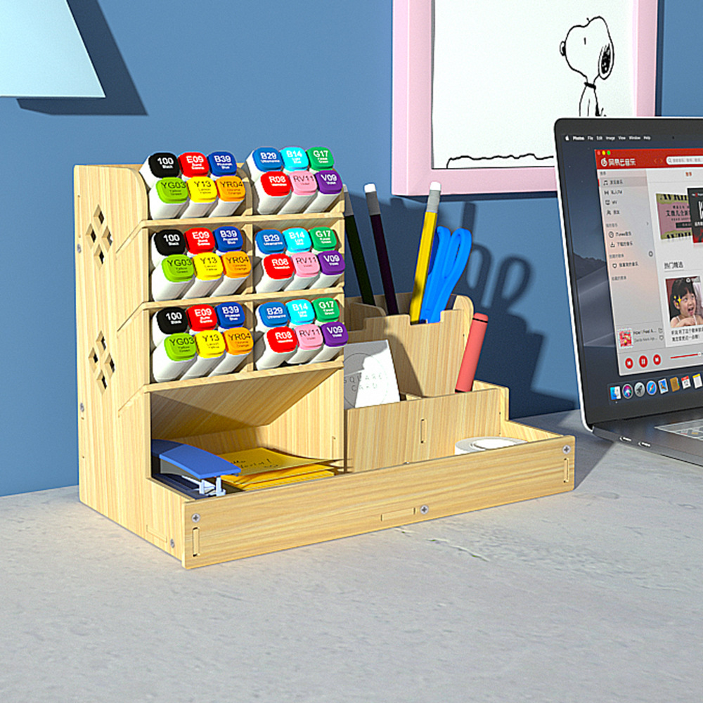 Desktop Pen Holder Wooden Pencil Organizer Students Stationary Storage Box Office School Stand Case Cosmetic Makeup Supplies: B17-1-White