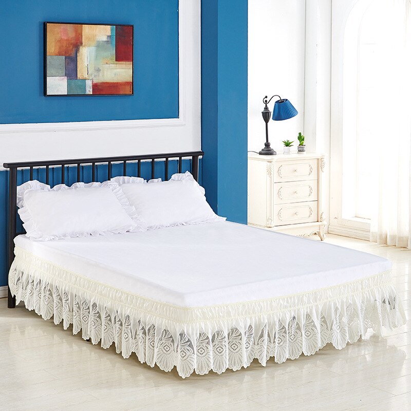 Lagen dekor dekoration blonder flæser ren farve seng nederdel elastisk løs seng forklæde seng nederdel dobbelt fuld queen king size seng dække: Beige / Dronning