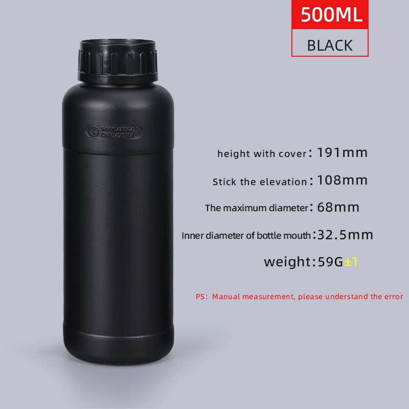 1Pcs 100ML-1000ML PTFE Layer Black Plastic Bottle Brand Food Grade HDPE Reagent Bottle Liquid Container Refillable Bottle: 500ML