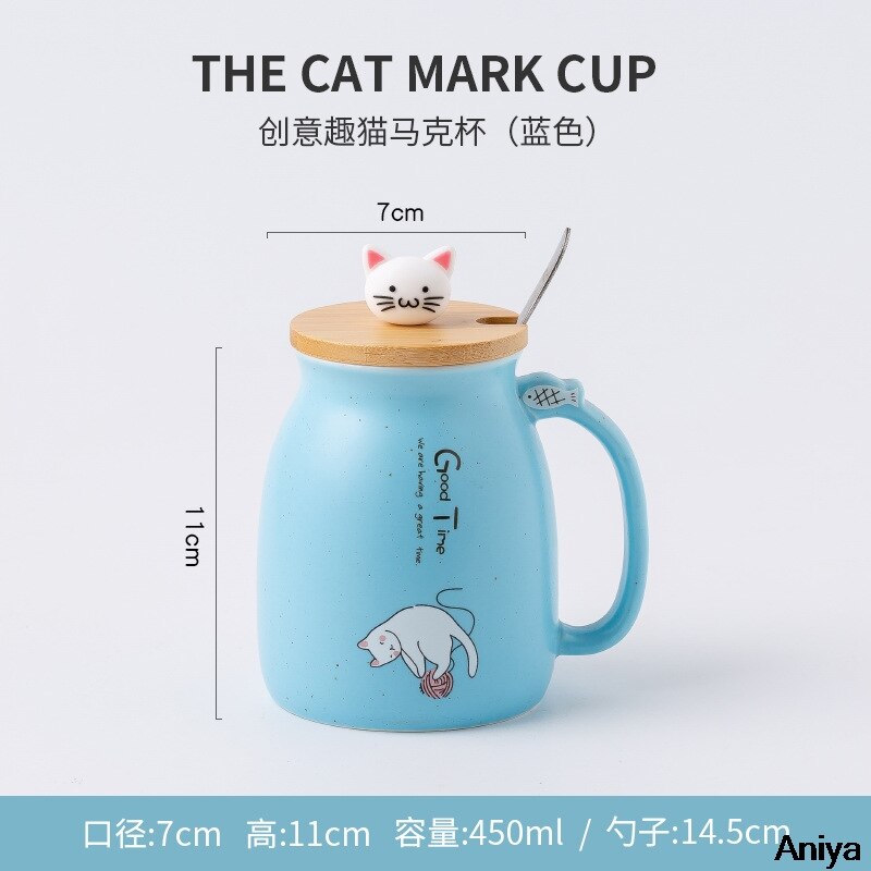 Cartoon Ceramics Cat Mug With Lid and Spoon Coffee Milk Tea Mugs Breakfast Cup Drinkware Heat-Resistant Mug Color: blue  mug