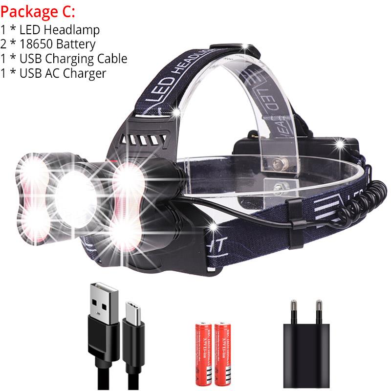 5000LM Ultra Bright LED Headlamp 5 LED Headlight 4 modes Head lamp Rechargeable Light Sensor Use 18650 For Outdoor & Indoor: Package C