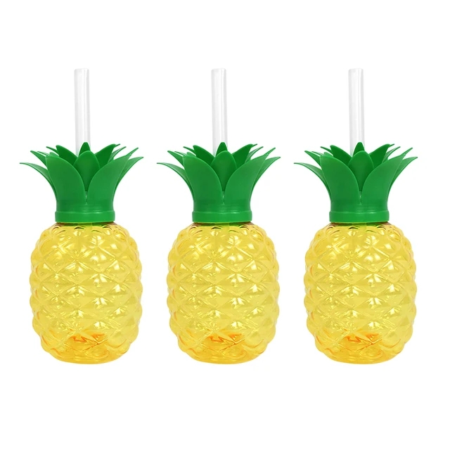 1/3/6Pcs Plastic Pineapple Cups with Straw Strawberry Cup Hawaiian Luau Birthday Party Decoration Summer Beach Drinking Cup: Olive