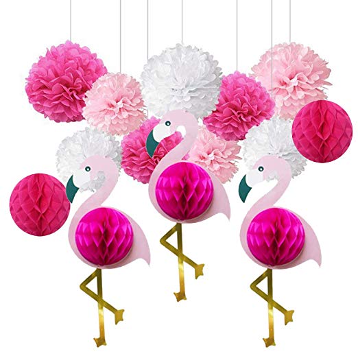 14Pcs/Set Pink Flamingo Party Decorations Honeycomb Decoration Tissue Paper Pom Poms Flowers Paper Fans for Baby Shower Supplies: Default Title