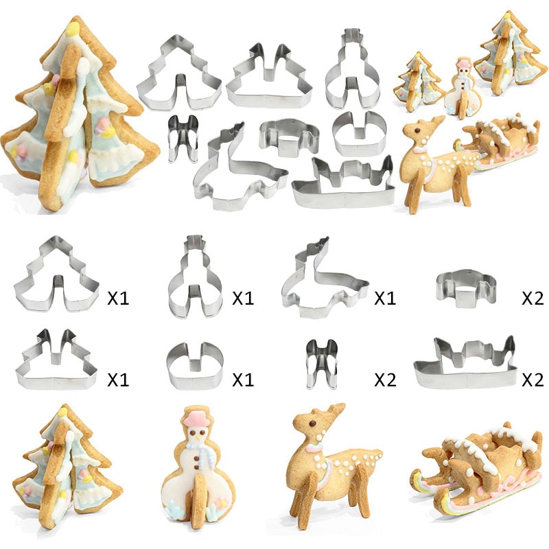 8 Stks/set Kerst Cookie Cutter Rvs 3D Biscuit Mold Elanden Kerstboom Sneeuwpop Slee Cutters Mould Keuken Bakken Tools