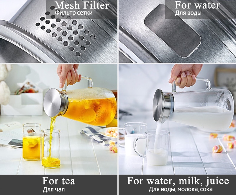 Homadise Glass Kettle Transparent Teapot Glass Water Pot Fruit Infuser Heat-esistant Stainless Steel Strainer Filter Juice Jug