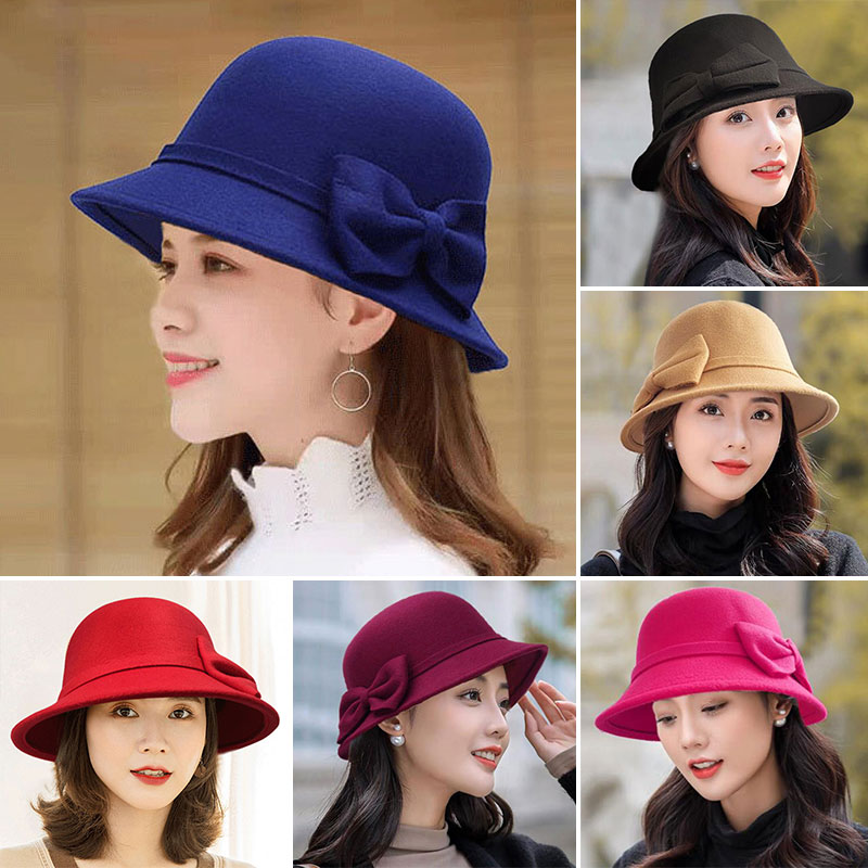 I cappelli da donna coreani di millkeychain si scaldano in autunno e in inverno cappello da ciotola in lana a cupola per tutte le partite Bowknot alla moda ed elegante