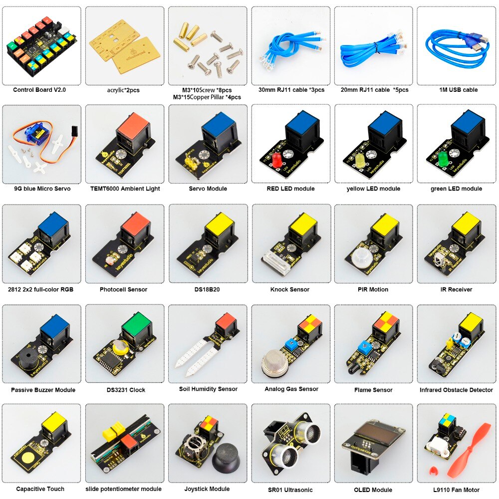 Kit de aprendizaje para principiantes KeyStudio, EASY plug RJ11 Ultimate, para Arduino STEM EDU, Compatible con bloques Mixly