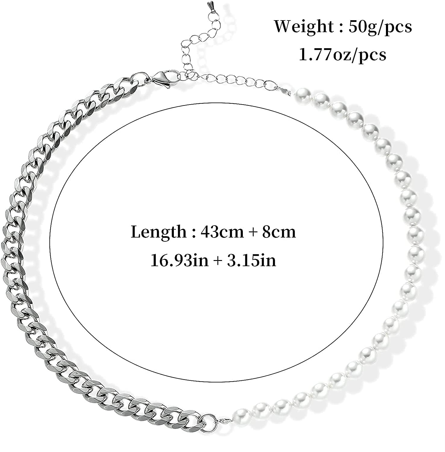 Collana di perle per uomo-collane a mezza catena con mezza perla catene a maglie cubane per gioielli da uomo in acciaio inossidabile: Default Title