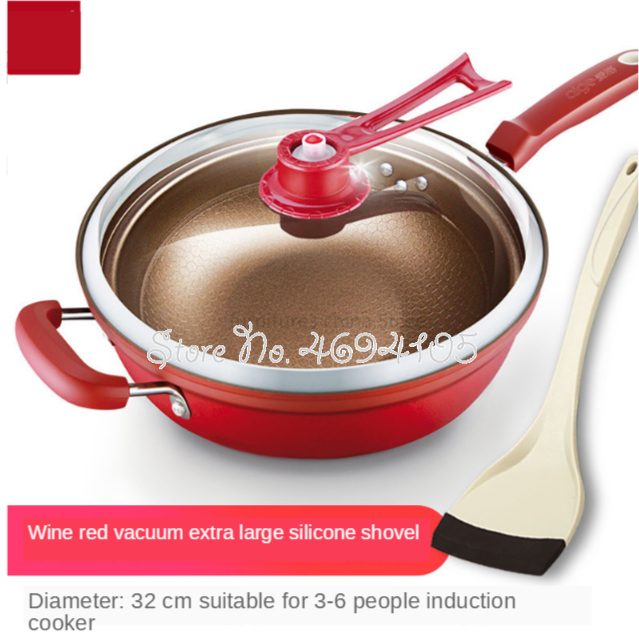 Vacuüm Wok Non Stick Pan Met Cover Geen Olie Rook Pot Ijzeren Pot Huishouden Keuken Inductie Fornuis Universele Pan