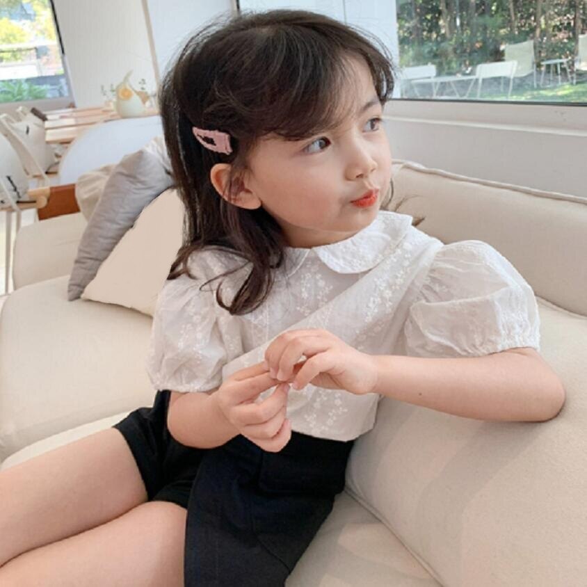 Blusa de encaje blanca para niñas, camisa de manga corta con farol para bebés, Verano