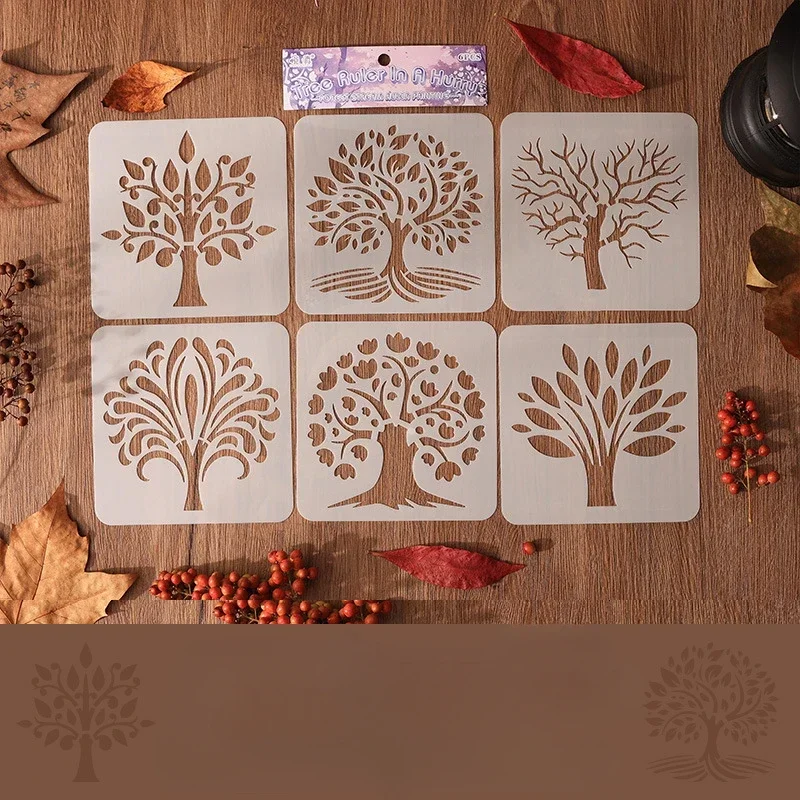 6 unids/set de plantillas de la serie de árboles para pintar y decorar, plantillas de plantillas de árbol de hueco para álbum de recortes, diario, suministros para estudiantes: Plata
