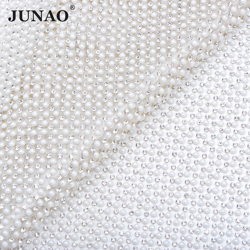 White Rhinestone Mesh JUNAO Clear White Pearl Rhinestone Mesh Fabric Gla... – Grandado