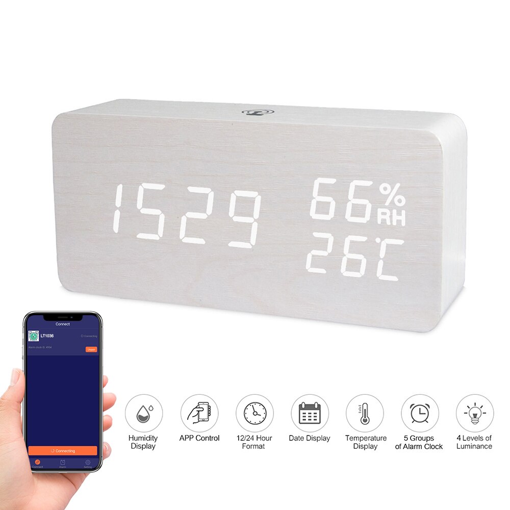 Led Houten Digitale Wekker Voice Control Temperatuur Display Backlight Elektronische Usb/Aaa Aangedreven Klok Tafel Voor Home Decor: 1