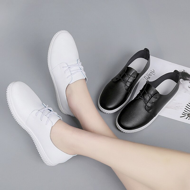 Spring Summer White Shoes Women Flat Leather Soft Shoes Female White Board Shoes Casual Shoes
