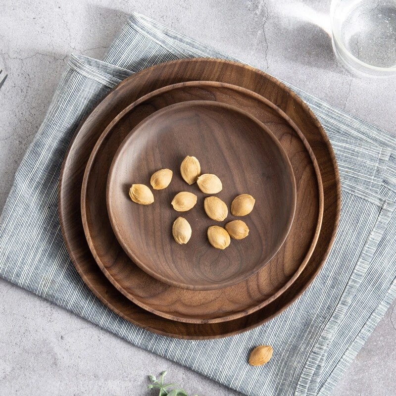 Assiettes rondes en noyer noir, vaisselle en bois, pour dîner, Dessert, thé, stockage des aliments
