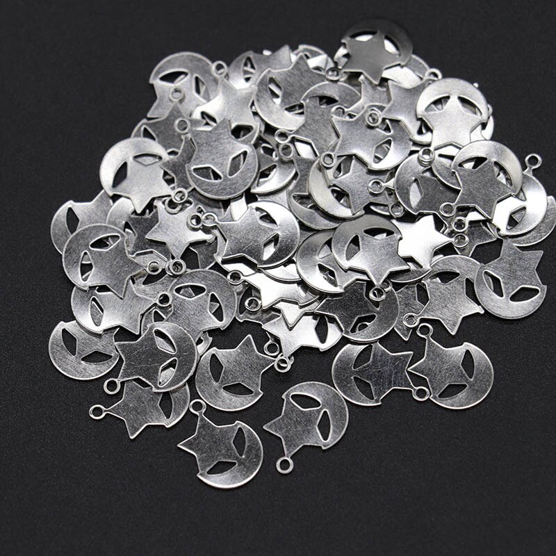 Lot de 100 pendentifs en forme d'étoile et de lune, en acier inoxydable, pour la fabrication de bijoux, DIY, 9x10mm