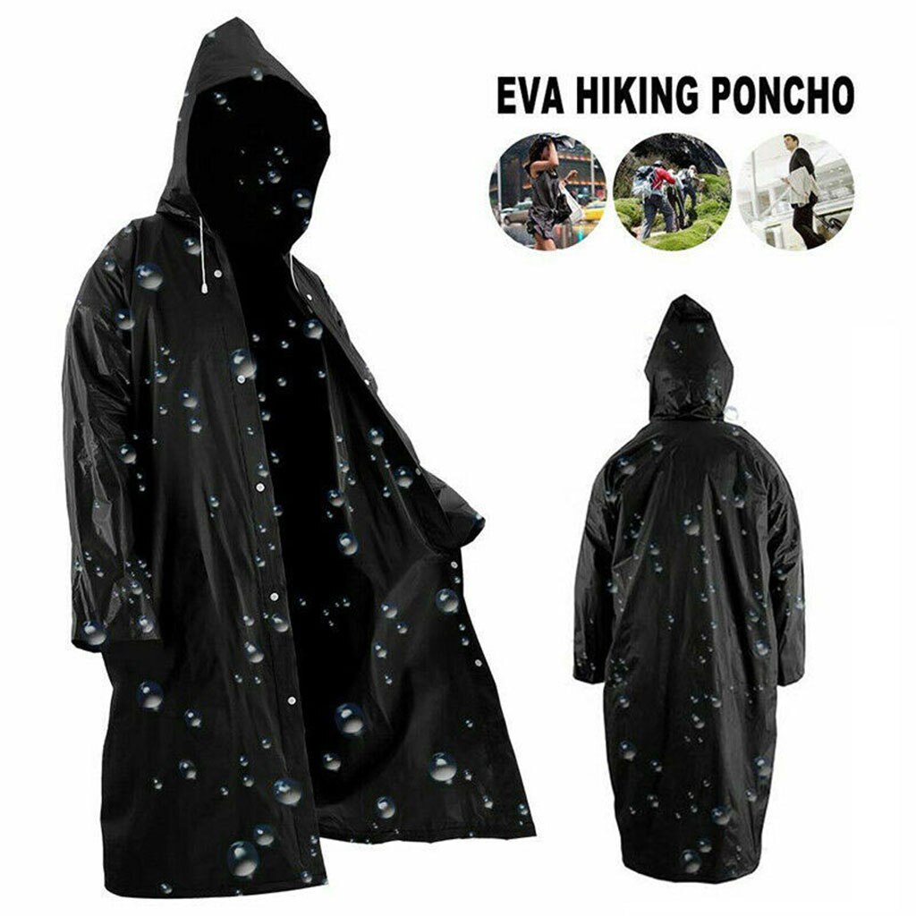 Women Men Solid Black Rain Poncho Long-Sleeved Hooded Raincoat Waterproof Packable Rain Jacket with Drawstrings