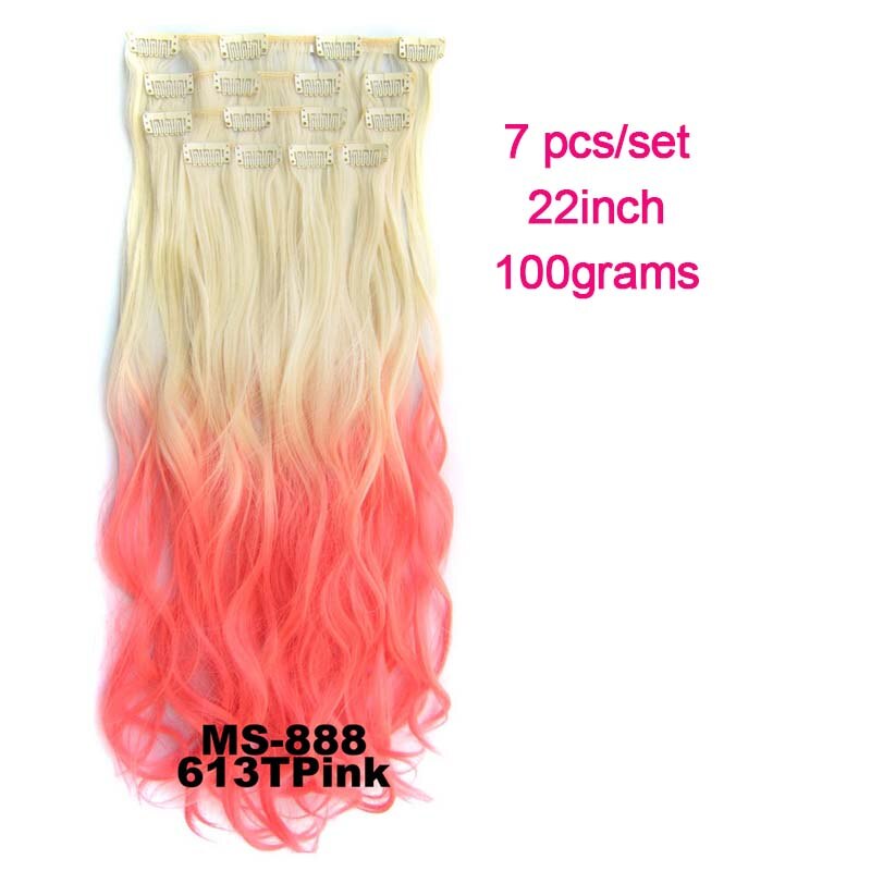 Extensiones de pelo sintético ondulado 7 unids/set, Clip de 22 pulgadas, 100g, Color negro, marrón, degradado postizo, resistente al calor: 613Tpink