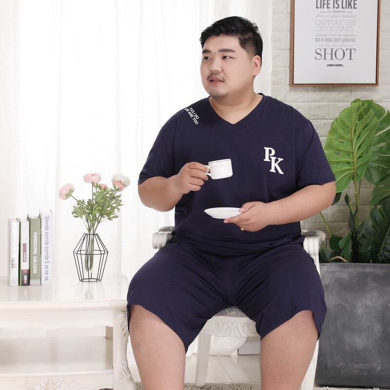 Summer Men Pajamas Short Sleeve Male Pajama Set Pure Cotton men Sleepwear Suit Homewear Big Size 5XL sport clothes: blue men pajamas / 4XL