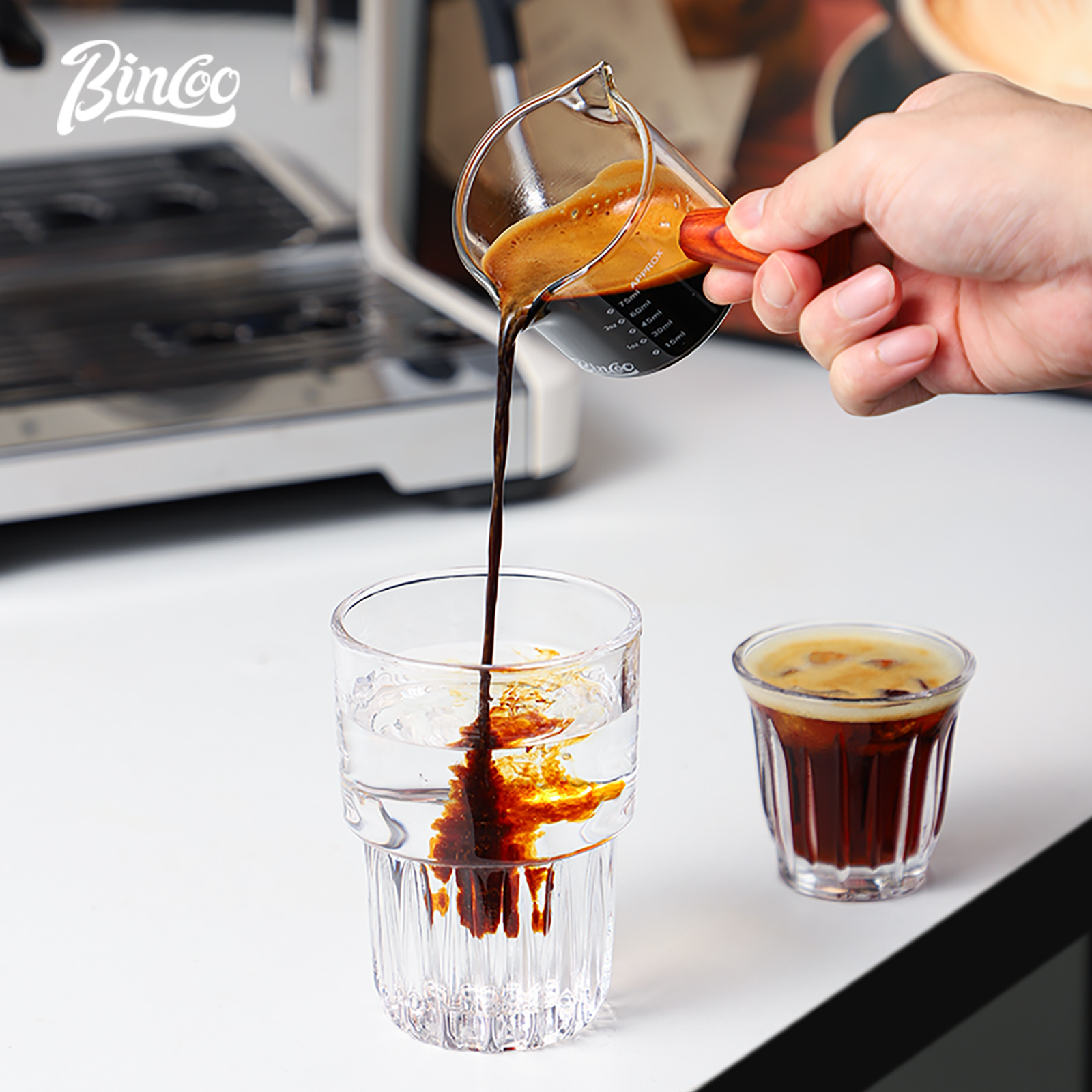 Misurino in vetro con manico in legno 1pc misurino per caffè caffè espresso in vetro doppia bocca singola caffè al latte tazza trasparente forniture per caffè