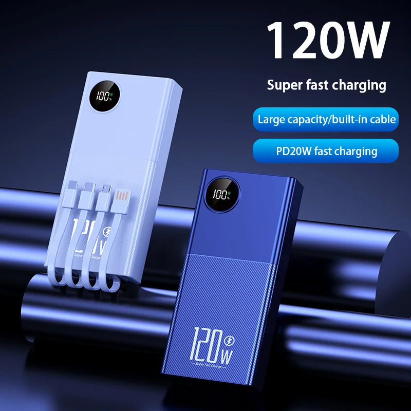 200000mAh 120W Power Bank Large Capacity Super Fast Charge Portable Power Bank With 4 Charging Cables LED Digital Display