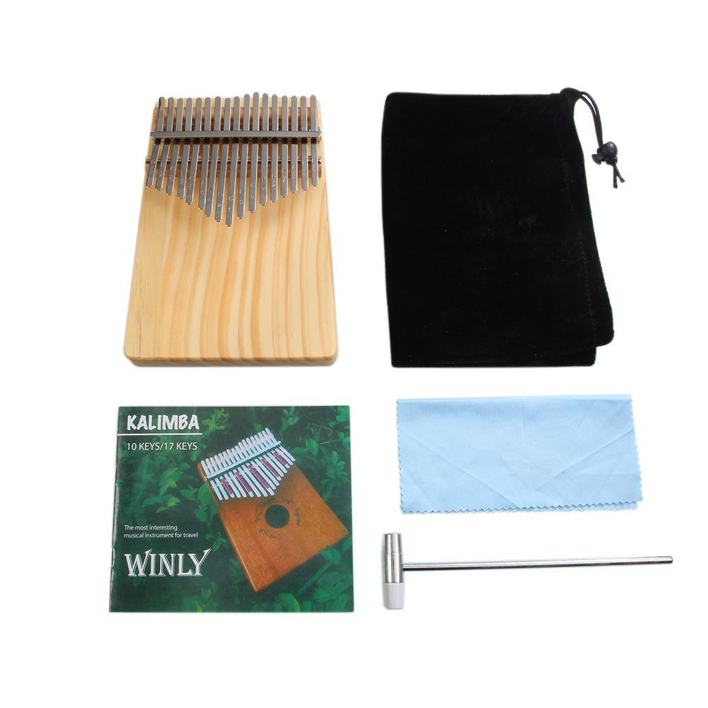 17 Key Kalimba Thumb Piano Single Wooden Pine Mbira Keyboard Percussion Musical Instrument with Tuning Hammer Polishing Cloth