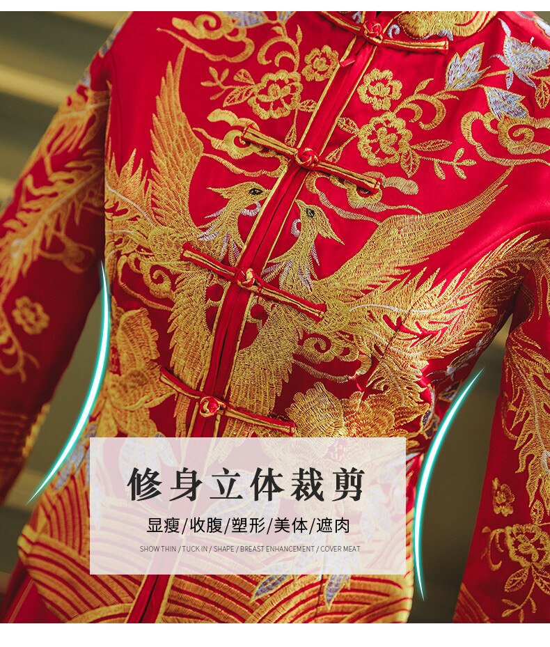 FZSLCYIYI – robe de mariée chinoise, Qipao, Qipao classique, robe de mariage ancienne pour femmes, ligne dorée, broderie phénix, motif Floral, costume Cheongsam