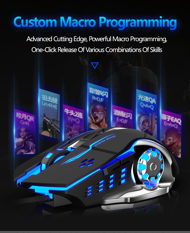 Gaming Mouse Marco Programmable Cool Lighting USB Optical Mouse Gaming for PC Laptop Computer