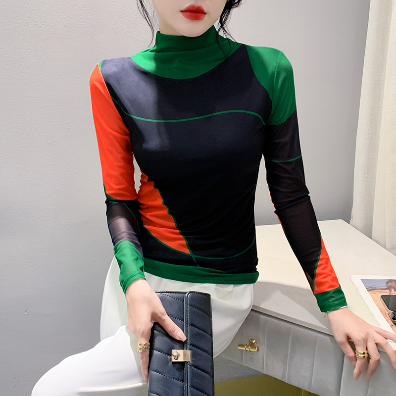 S -4xl dame efterår vinter langærmet turtleneck mesh t-shirts dame positionering print t-shirt top  ff0851